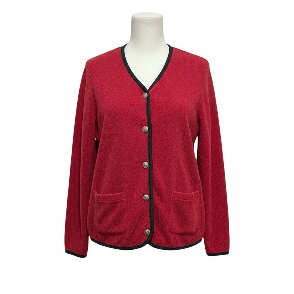 LL Bean Vintage Red Fleece Button Up Holiday Cardigan Sweater Womens Medium